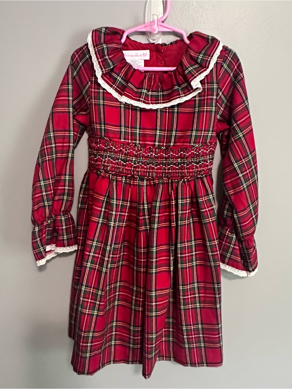 Bonnie Jean Girls Red Tartan Plaid Christmas Holiday Dress Smocked Lace Trim